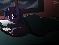 Size: 1650x1275 | Tagged: safe, artist:justsomecomputernerd, twilight sparkle, pony, g4, bed, female, frown, looking at you, mare, night, prone, reading, solo