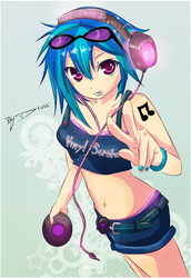 Size: 1665x2415 | Tagged: safe, artist:drossloveyaoi, dj pon-3, vinyl scratch, human, g4, belly button, cd player, clothes, female, headphones, humanized, looking at you, midriff, peace sign, shorts, solo, tank top