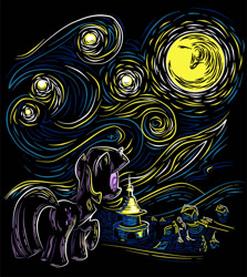 Size: 720x806 | Tagged: safe, artist:eri-phyle, twilight sparkle, pony, unicorn, g4, butt, female, fine art parody, looking away, mare, mare in the moon, moon, night, plot, ponyville, raised hoof, solo, standing, the starry night, unicorn twilight, vincent van gogh