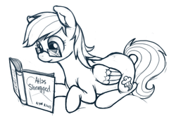 Size: 1098x745 | Tagged: safe, artist:purmu, rainbow dash, pegasus, pony, g4, atlas shrugged, ayn rand, book, glasses, monochrome, reading