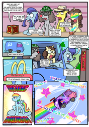 Size: 868x1228 | Tagged: safe, artist:madmax, rainbow dash, trixie, oc, oc:madmax, oc:manny mustaches, oc:sarge sprinkles, oc:squeak, earth pony, pegasus, pony, unicorn, g4, always, artifact, comic, cutie mark, drive thru, erasure, female, glasses, happy meal, helmet, male, mare, mcdonald's, milestone celebration, moustache, pacce, pacce of many mustaches, pipe, ponysona, red nose, robot unicorn attack, sethisto, song reference, stallion, sunglasses, toy, van
