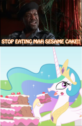 Size: 515x792 | Tagged: safe, artist:irie-mangastudios, princess celestia, g4, cake, congo, parody