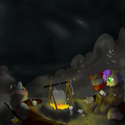 Size: 1273x1273 | Tagged: safe, artist:colgatefim, oc, oc only, oc:sunset sherbet, pegasus, pony, fallout equestria, campfire, can, cloud, cloudy, enclave, fallout, fanfic, fanfic art, female, grand pegasus enclave, gun, hooves, male, mare, powered exoskeleton, stallion, tin can, wasteland, weapon, wings