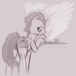 Size: 1194x1200 | Tagged: safe, artist:dovne, soarin', pegasus, pony, g4, bags under eyes, bathroom, bipedal, bipedal leaning, brushie, butt, clothes, leaning, looking back, male, mirror, monochrome, morning ponies, plot, requested art, shorts, sink, sleepy, solo, stallion, stubble, toothbrush, underwear