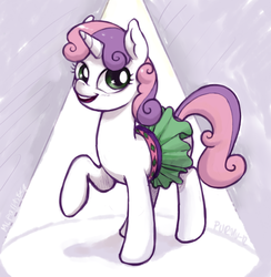 Size: 1280x1312 | Tagged: safe, artist:purmu, sweetie belle, pony, unicorn, g4, clothes, female, filly, one leg raised, smiling, solo, spotlight, standing, tutu