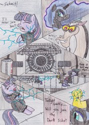 Size: 2351x3299 | Tagged: safe, artist:darkknighthoof, discord, nightmare moon, twilight sparkle, g4, comic, crossover, high res, star wars, torture