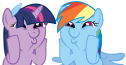 Size: 5000x2604 | Tagged: safe, artist:somepony, rainbow dash, twilight sparkle, pony, g4, asksparklesanddashie, blue feather, dashface, feather, female, lesbian, ship:twidash, shipping, simple background, so awesome, transparent background