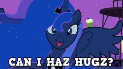 Size: 960x540 | Tagged: safe, princess luna, g4, luna eclipsed, season 2, bronybait, hug, image macro, lolcat, meme