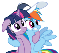 Size: 5000x4477 | Tagged: safe, artist:somepony, rainbow dash, twilight sparkle, pegasus, pony, unicorn, g4, hurricane fluttershy, absurd resolution, baseball cap, cap, duo, female, hat, holding each other, hug, lesbian, mare, ship:twidash, shipping, simple background, transparent background, unicorn twilight, vector, x x everywhere