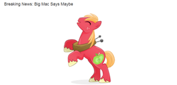 Size: 770x373 | Tagged: safe, big macintosh, earth pony, pony, g4, breaking news, eyes closed, male, maybe, open mouth, peter new, rearing, simple background, smiling, solo, stallion, white background
