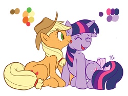 Size: 4666x3500 | Tagged: safe, artist:mrw32, applejack, twilight sparkle, earth pony, pony, unicorn, g4, duo, female, kissing, lesbian, licking, mare, one ear down, ship:twijack, shipping, simple background, sitting, tail bow, tickling, unicorn twilight, white background
