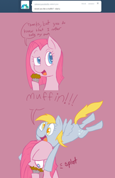 Size: 894x1376 | Tagged: safe, artist:voids-edge, derpy hooves, pinkie pie, earth pony, pegasus, pony, fanfic:cupcakes, g4, ask, comic, female, looking up, mare, muffin, pinkamena diane pie, question pinkamena, surprised, tumblr, unexpected