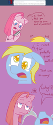 Size: 896x2084 | Tagged: safe, artist:voids-edge, derpy hooves, pinkie pie, earth pony, pegasus, pony, fanfic:cupcakes, g4, abuse, angry, annoyed, ask, comic, crying, cute, derpybuse, duo, duo female, female, knife, looking down, mare, ocular gushers, open mouth, pinkamena diane pie, pinkie pie is not amused, question pinkamena, sad, tumblr, unamused, volumetric mouth
