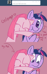 Size: 896x1404 | Tagged: safe, artist:voids-edge, pinkie pie, twilight sparkle, fanfic:cupcakes, g4, ask, cupcake, eating, glomp, hug, implied plot, looking down, pinkamena diane pie, question pinkamena, shocked, tumblr