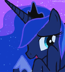 Size: 245x271 | Tagged: safe, screencap, princess luna, alicorn, pony, g4, luna eclipsed, season 2, animated, beautiful, coy, cropped, crown, cute, embarrassed, ethereal mane, eyeshadow, female, flowing mane, hoof shoes, jewelry, lunabetes, makeup, mare, night, raised hoof, regalia, solo, sparkling mane, spread wings, wings
