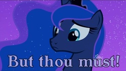 Size: 800x451 | Tagged: safe, edit, edited screencap, screencap, princess luna, g4, luna eclipsed, but thou must, dragon quest (game), hub logo, image macro