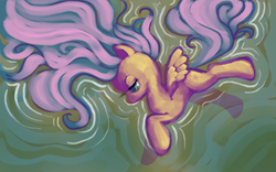 Size: 1280x800 | Tagged: safe, artist:karnella, fluttershy, pegasus, pony, g4, female, lidded eyes, looking away, mare, on side, profile, solo, spread out hair, spread wings, water, wings