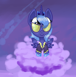 Size: 909x933 | Tagged: safe, artist:twistydoo, princess luna, pony, g4, clothes, cloud, costume, cute, female, shadowbolts, shadowbolts costume, solo, sunglasses, woona