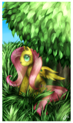 Size: 799x1353 | Tagged: safe, artist:schizoideh, fluttershy, pegasus, pony, g4, female, grass, looking at you, mare, one eye closed, outdoors, sitting, solo, spread wings, three quarter view, under the tree, wings