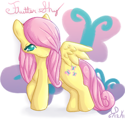 Size: 1050x1000 | Tagged: safe, artist:swollenbabyfat, fluttershy, pegasus, pony, g4, cutie mark background, female, hair over one eye, looking at you, mare, name, no pupils, solo, spread wings, standing, turned head, wings