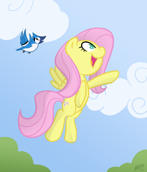Size: 1200x1400 | Tagged: safe, artist:scritchy, fluttershy, bird, pegasus, pony, g4, cloud, female, flying, looking at something, looking away, mare, open mouth, outdoors, pointing, reaching, sky, smiling, solo, spread wings, wings