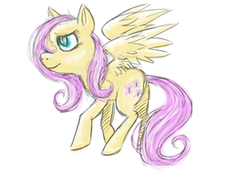 Size: 818x632 | Tagged: safe, artist:25dragonflies, fluttershy, pegasus, pony, g4, female, looking away, mare, simple background, smiling, solo, spread wings, standing, stray strand, white background, wings