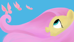 Size: 1600x900 | Tagged: safe, fluttershy, butterfly, pony, g4, bust, female, looking at something, looking up, mare, open mouth, profile, simple background, smiling, solo, wallpaper