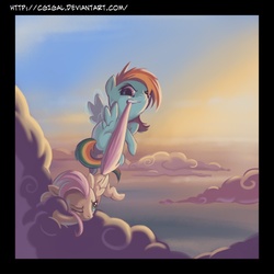 Size: 800x800 | Tagged: safe, artist:cgigal, fluttershy, rainbow dash, g4, cloud, cloudy, female, filly, flying lesson, mouth hold, tail pull, younger