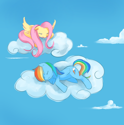 Size: 968x977 | Tagged: safe, artist:sunstice, fluttershy, rainbow dash, pegasus, pony, g4, cloud, lying down, on a cloud, prone, sky, sleeping