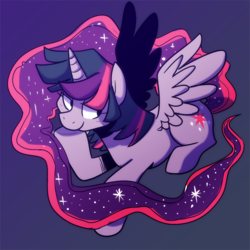 Size: 700x699 | Tagged: dead source, safe, artist:prettyproglottids, twilight sparkle, alicorn, pony, g4, ethereal tail, female, hilarious in hindsight, long tail, race swap, smiling, solo, starry tail, twilight sparkle (alicorn)