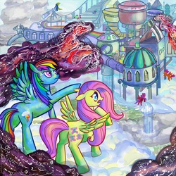 Size: 1920x1920 | Tagged: safe, artist:rosemary-thyme, fluttershy, rainbow dash, windigo, g4