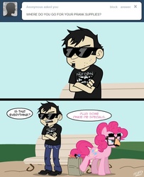 Size: 650x800 | Tagged: safe, artist:mixermike622, pinkie pie, human, g4, bench, comic, crossover, dan, dan vs, dan vs fim, groucho mask, paper-thin disguise