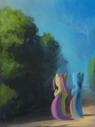 Size: 600x800 | Tagged: safe, artist:grissaecrim, fluttershy, rainbow dash, pegasus, pony, g4, duo, rear view, tree, walking