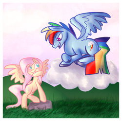 Size: 944x939 | Tagged: safe, artist:miniyuna, fluttershy, rainbow dash, g4, blushing, cloud, duo, eye contact, female, grass, half r63 shipping, male, open mouth, prone, rainbow blitz, rock, rule 63, ship:flutterblitz, ship:flutterdash, shipping, smiling, spread wings, straight