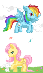 Size: 416x702 | Tagged: safe, artist:cheerubi, angel bunny, fluttershy, rainbow dash, pegasus, pony, rabbit, g4, cloud, female, flower, flying, grass, heart, male, music notes, raised hoof, smiling, spread wings, trio, wings