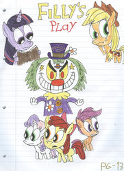 Size: 900x1244 | Tagged: safe, artist:sithvampiremaster27, apple bloom, applejack, scootaloo, sweetie belle, twilight sparkle, earth pony, pegasus, pony, unicorn, g4, book, child's play, clown, group, lined paper, parody, wat