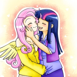 Size: 2412x2412 | Tagged: dead source, safe, artist:shiko-k, fluttershy, twilight sparkle, human, g4, clothes, female, high res, horn, horned humanization, humanized, lesbian, ship:twishy, shipping, sweater, sweatershy, winged humanization