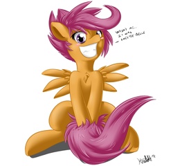 Size: 1000x960 | Tagged: safe, artist:knifeh, scootaloo, g4, blushing, chest fluff, dialogue, signature, simple background, tail censor, white background