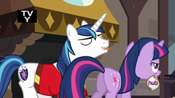 Size: 1920x1080 | Tagged: safe, screencap, shining armor, twilight sparkle, pony, unicorn, a canterlot wedding, g4, butt, female, male, mare, out of context, plot, raspberry, stallion, tongue out