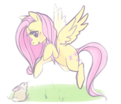 Size: 800x691 | Tagged: safe, artist:zayger, fluttershy, pegasus, pony, rabbit, g4, animal, blushing, cute, female, flying, looking at something, mare, open mouth, open smile, pegasus wings, raised leg, shyabetes, smiling, solo, spread wings, wings