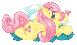 Size: 849x496 | Tagged: safe, artist:nerdshark, fluttershy, butterfly, pegasus, pony, g4, anatomically incorrect, blushing, female, incorrect leg anatomy, looking at you, mare, pillow, profile, prone, solo, wings