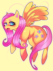 Size: 675x905 | Tagged: safe, artist:cassup0p, fluttershy, pegasus, pony, g4, abstract background, blushing, female, looking at you, mare, open mouth, outline, solo, spread wings, three quarter view, wings