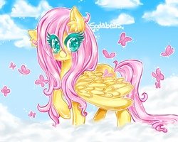 Size: 1175x939 | Tagged: safe, artist:glowbunny, fluttershy, butterfly, pegasus, pony, g4, blushing, cloud, ear fluff, eye clipping through hair, female, looking at you, mare, on a cloud, raised hoof, sky, smiling, solo, spread wings, standing, wings