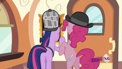 Size: 1920x1080 | Tagged: safe, screencap, pinkie pie, twilight sparkle, earth pony, pony, unicorn, g4, mmmystery on the friendship express, balloonbutt, butt, deerstalker, duo, female, hat, hub logo, mare, plot, rear view, twibutt