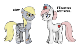 Size: 1000x606 | Tagged: safe, artist:armacasio, derpy hooves, nurse redheart, pegasus, pony, g4, bandage, bandaid, duo, duo female, female, mare, simple background, transparent background