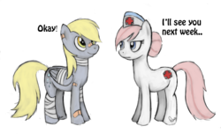 Size: 1000x606 | Tagged: safe, artist:armacasio, derpy hooves, nurse redheart, pegasus, pony, g4, band-aid, bandage, duo, duo female, female, mare, simple background, transparent background