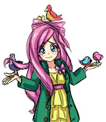 Size: 696x800 | Tagged: safe, artist:semehammer, fluttershy, human, g4, clothes, dress, humanized, looking at you, shrug, shrugpony, wip