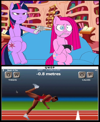 Size: 878x1071 | Tagged: safe, artist:terry, pinkie pie, twilight sparkle, earth pony, pony, unicorn, g4, at gunpoint, exploitable meme, female, gun, gun meme, mare, meme, qwop, threatening, weapon