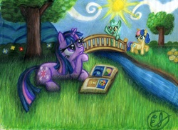 Size: 3275x2380 | Tagged: safe, artist:etjonas, bon bon, lyra heartstrings, sweetie drops, twilight sparkle, g4, book, high res, traditional art