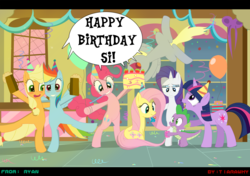 Size: 1500x1054 | Tagged: safe, artist:tiarawhy, applejack, derpy hooves, fluttershy, pinkie pie, rainbow dash, rarity, spike, twilight sparkle, dragon, pegasus, pony, g4, balloon, bipedal, birthday, blushing, cake, cider, confetti, female, food, hat, male, mane seven, mare, mug, party hat, party horn, present